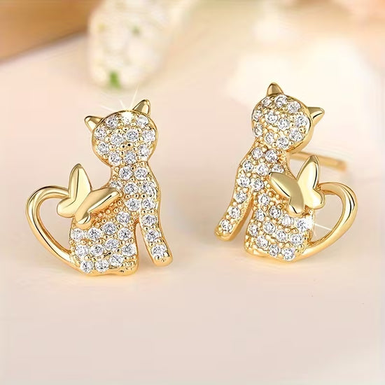 hábilesPar de Pendientes Dorados Brillantes con Forma de Gato para Mujeres
