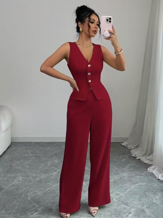 Conjunto elegante sin mangas de top y pantalones de mujer