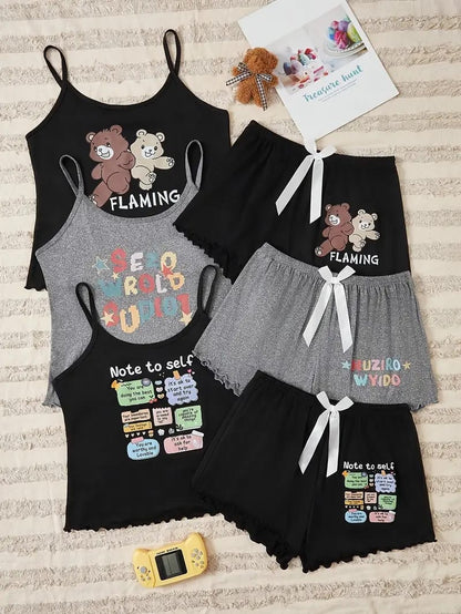 3 Conjuntos de Pijamas para Mujer con Estampado de Dibujos Animados y Letras