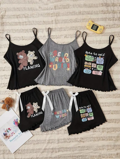 3 Conjuntos de Pijamas para Mujer con Estampado de Dibujos Animados y Letras