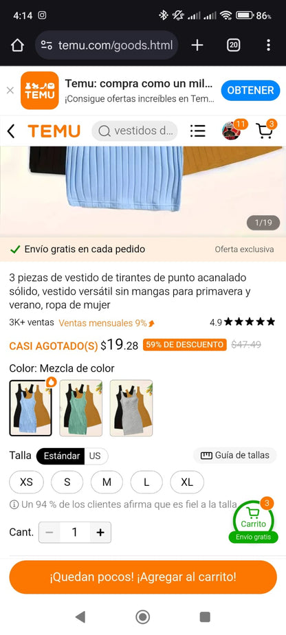 3 piezas de vestido de tirantes de punto acanalado sólido