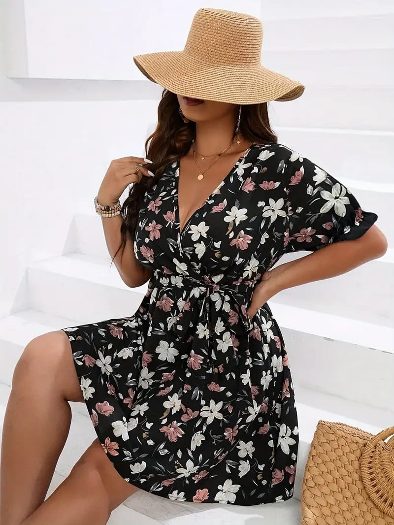 Vestido Elegante con Cuello en V y Estampado Floral para Mujer